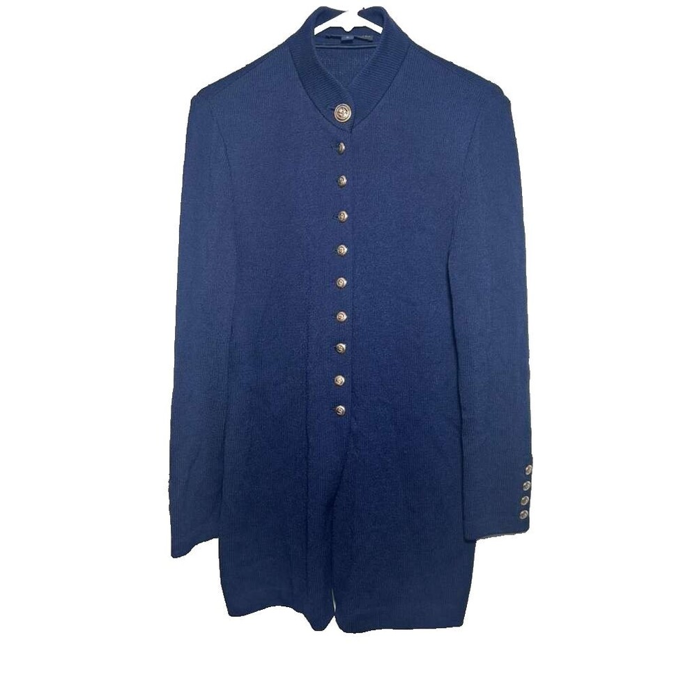 St John Basics Knit Button Down Cardigan Women Size 8 Navy Blue Long Sleeve
